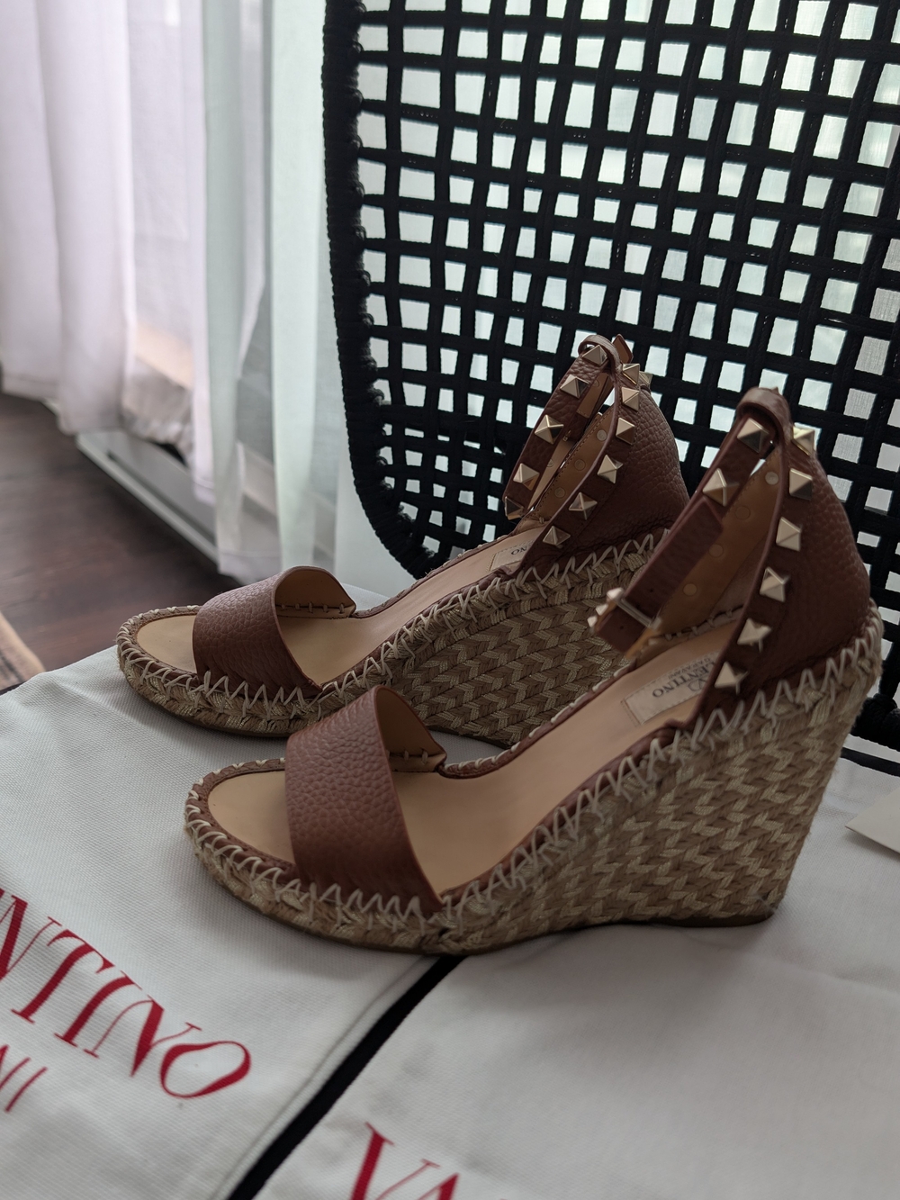 Valentino Brown Studded Espadrille Wedge Sandals